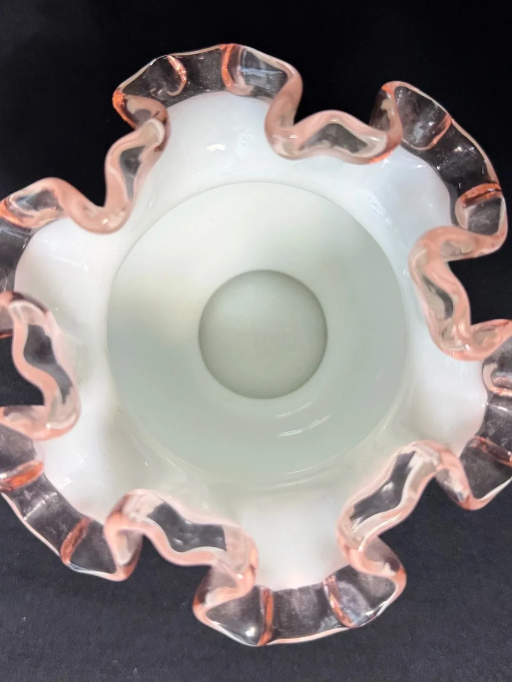 Fenton Rose Crest Milk Glass Bowl Crimped Rim Vase 1940s Decor VTG Pink Grandma
